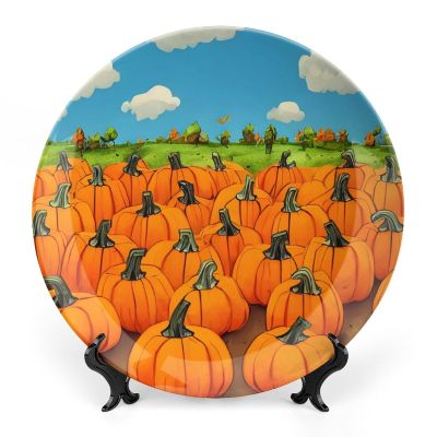 Thanksgiving Decorative Plates for Home Decor, Pumpkin Field Abstract Painting Decor Tray for Table Display, Ceramic Dinner Plate W/Stand, Living Room Dining Room Decor, Housewarming Gifts, 8 Inch
