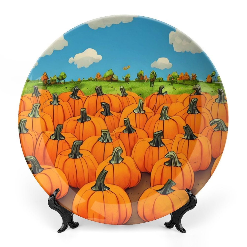 Thanksgiving Decorative Plates for Home Decor, Pumpkin Field Abstract Painting Decor Tray for Table Display, Ceramic Dinner Plate W/Stand, Living Room Dining Room Decor, Housewarming Gifts, 8 Inch