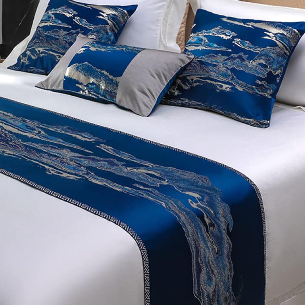 CATPAN Luxury Bed Runner & ScarvesLandscape Jacquard Design Bed Runner,Elegant Bedding, Bed Room Decorative and Hotel Wedding Room GuestroomBlue (Pillowcase17.7x17.7in, Blue)