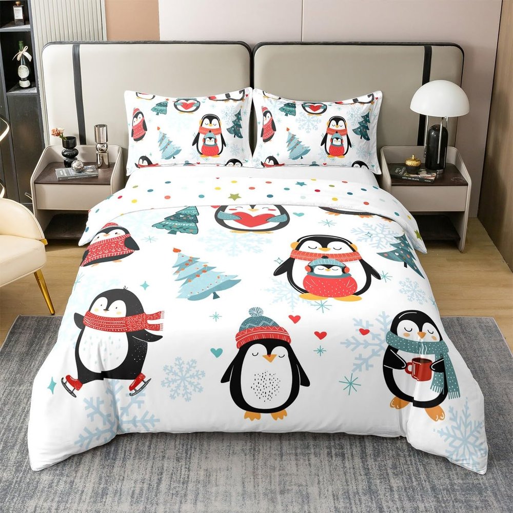 Cartoon Penguin Duvet Cover Set 100% Organic Cotton King Size Christmas Tree Comforter Cover with 2 Pillowcases Winter Snowflake Happy Xmas Theme Bedding Set for Bedroom Dcor,3 Pcs
