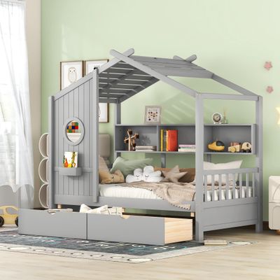 Tdewlye Wooden Twin Size House Bed with 2 Drawers,Kids Bed with Storage Shelf, Montessori Bed with Roof and Window Design for Girls Boys (Gray-08)