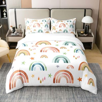 jejeloiu Kids Rainbow Cotton Duvet Cover Set Full Size Cartoon Star Print Bedding Set for Boys Girls Teens Cute Colorful Comforter Cover Set Multicolor Bedroom