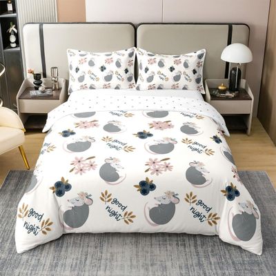 100% Nature Cotton Cute Opossum Duvet Cover Set Watercolor Flower Plant Comforter Cover Set Twin Size with 1 Pillowcase Cartoon Animals Bedding Set(No Comforter)