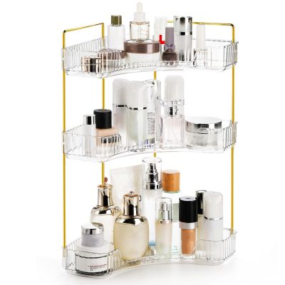 Cididu 3 Tiers Corner Bathroom Counter Organizer, Clear Countertop Shelf Storage Rack, Cosmetic Perfume Tray Standing Holder with Gold Metal Pole, Skincare Sink Organizer for Vanity Kitchen