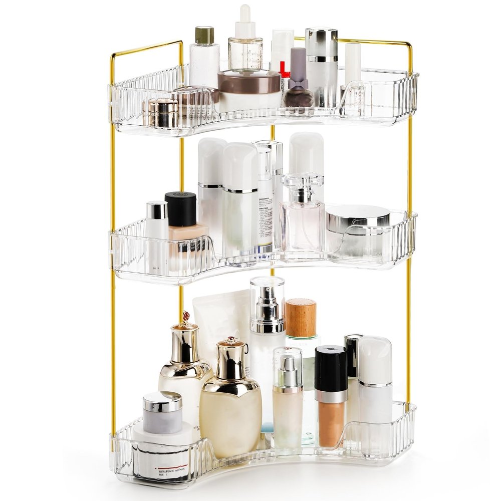 Cididu 3 Tiers Corner Bathroom Counter Organizer, Clear Countertop Shelf Storage Rack, Cosmetic Perfume Tray Standing Holder with Gold Metal Pole, Skincare Sink Organizer for Vanity Kitchen