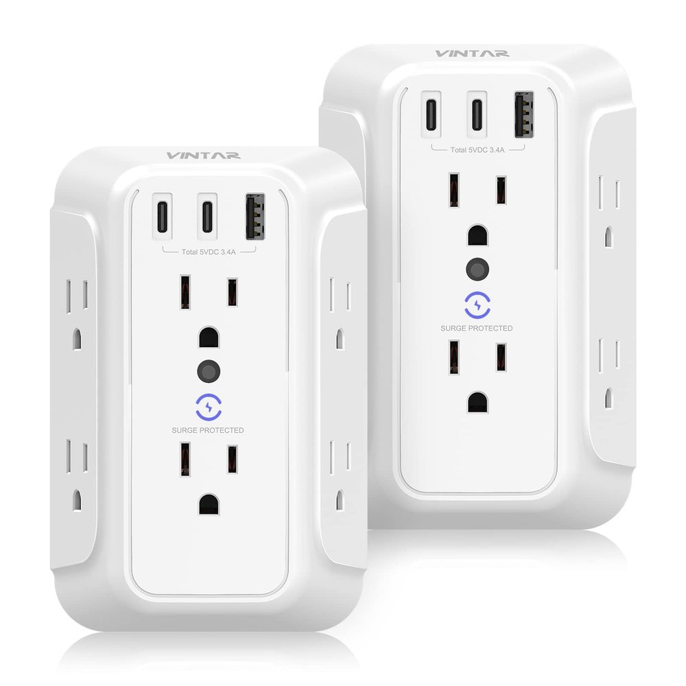 [2-Pack] Surge Protector Outlet Extender, VINTAR 6 Outlet Splitter with 3 USB Charging Ports (2 USB C),900J Multi Plug Outlet Power Strip, 3-Sided Usb Wall Charger for Home Office Dorm Room Essentials