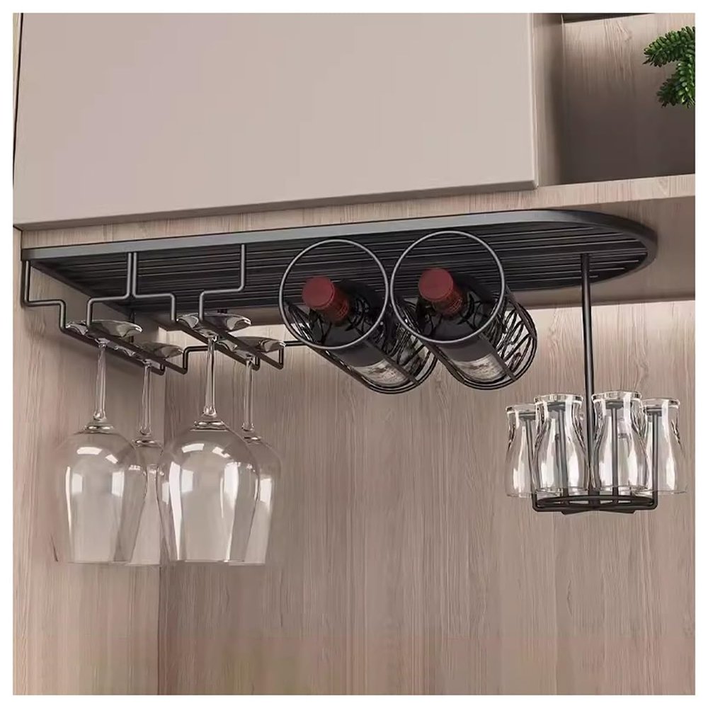 Black Wine Glass Holder Metal Multifunctional Under Cabinet Wine Glass Rack Holds Goblets Mugs Glasses Wine Bottles Upside Down Wine Glass Rack For Bar Kitchen Cabinet 4 Sizes ( Color : Black , Size :