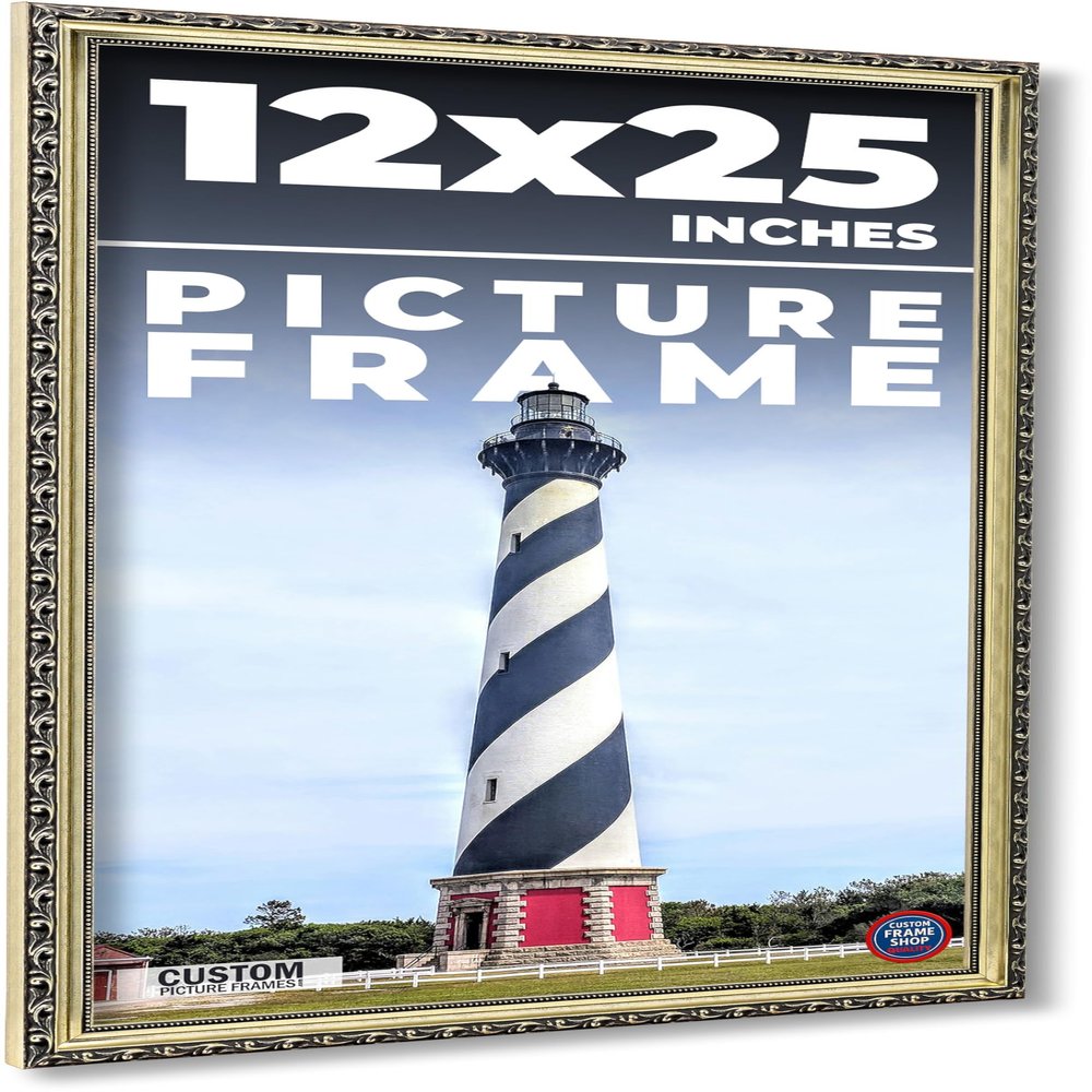 12x25 Frame Ornate Silver Solid Wood Picture Frame Width 1.125 Inches | Interior Depth 0.375 Inches | Willrick Traditional Frame with UV Acrylic Plexiglass, Foam Board Backing & Hanging Hardware