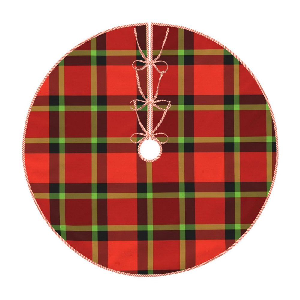 Christmas Tree Skirt 30" Bright Red and Lime Christmas Plaid Pattern Linen Xmas Tree Skirt for Holiday Party Christmas Tree Mat Decorations Indoor Outdoor