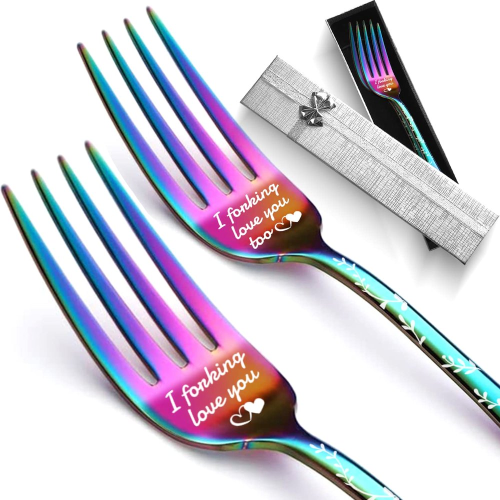 2Pcs Dinner Forks Funny Tableware Engraved with I Forking Love You, 8" Stainless Steel Forks Silverware Set, Birthday Valentine's Day Gift for Women Boyfriend Girlfriend Husband Wife (Rainbow)