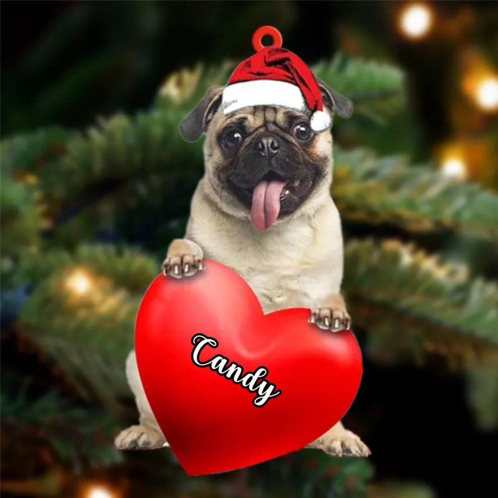 Christmas Dog Lovers- Pug Dog Heart, Personalized Shaped Ornament - Custom Your Dog's Name, Gifts for Christmas Tree Decor, Birthday, Christmas, Men, Women