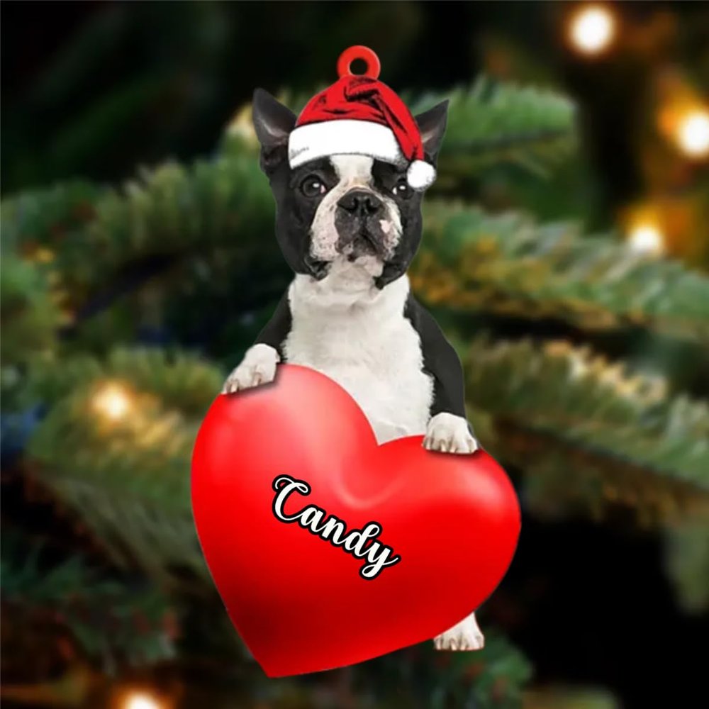 Christmas Dog Lovers- Boston Terrier Black Dog Heart, Personalized Shaped Ornament - Custom Your Dog's Name, Gifts for Christmas Tree Decor, Birthday, Christmas, Men, Women