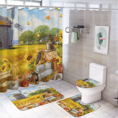 Rustic Pinwheel Farm 4 Pieces Shower Curtain Set,Autumn Harvest Scarecrow Watercolor Sunflower Fall Leaves Pumpkin Non-Slip Rugs Toilet Lid Cover Bath Mat and Bathroom Curtain