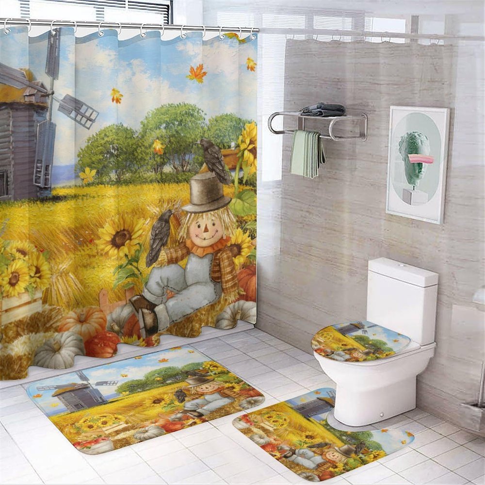 Rustic Pinwheel Farm 4 Pieces Shower Curtain Set,Autumn Harvest Scarecrow Watercolor Sunflower Fall Leaves Pumpkin Non-Slip Rugs Toilet Lid Cover Bath Mat and Bathroom Curtain