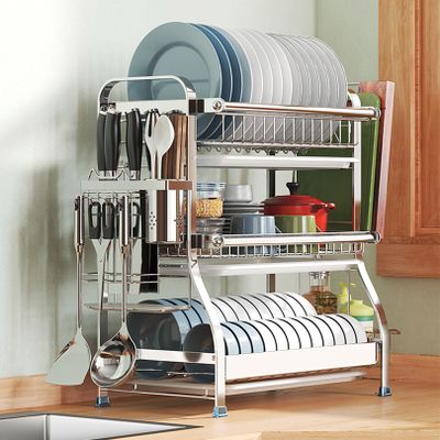 ANram Kitchen Bowls Dish Drying Rack, Stainless Steel Storage Rack for Countertop, Multifunction Dish Drainer Rack with Drip Tray, Knife Chopsticks Holder and Cutting Board Holder