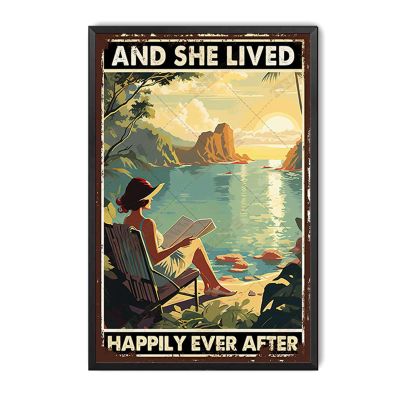 TSEZLOJH Funny Tin Signs Book Beach and She Lived Happily Ever After for Bedroom Modern Fashion Office Wall Decor 12"x8"-Metal Framed Tin Painting