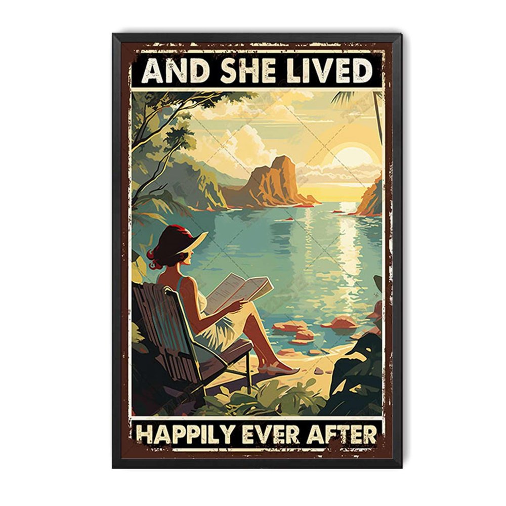 TSEZLOJH Funny Tin Signs Book Beach and She Lived Happily Ever After for Bedroom Modern Fashion Office Wall Decor 12"x8"-Metal Framed Tin Painting