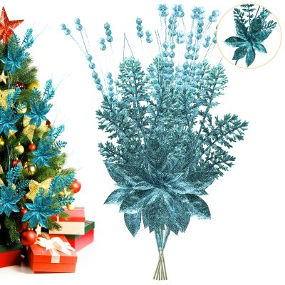 Artificial Glitter Berry Stem Ornaments, 18 Pack 17.5 Inch Blue Fake Christmas Picks Decorations with Poinsettia Christmas Flowers, Bead Sticks for Christmas Tree Wedding Small Vase Wreath Decor