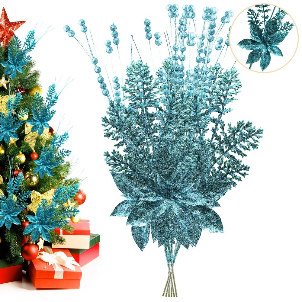 Artificial Glitter Berry Stem Ornaments, 18 Pack 17.5 Inch Blue Fake Christmas Picks Decorations with Poinsettia Christmas Flowers, Bead Sticks for Christmas Tree Wedding Small Vase Wreath Decor