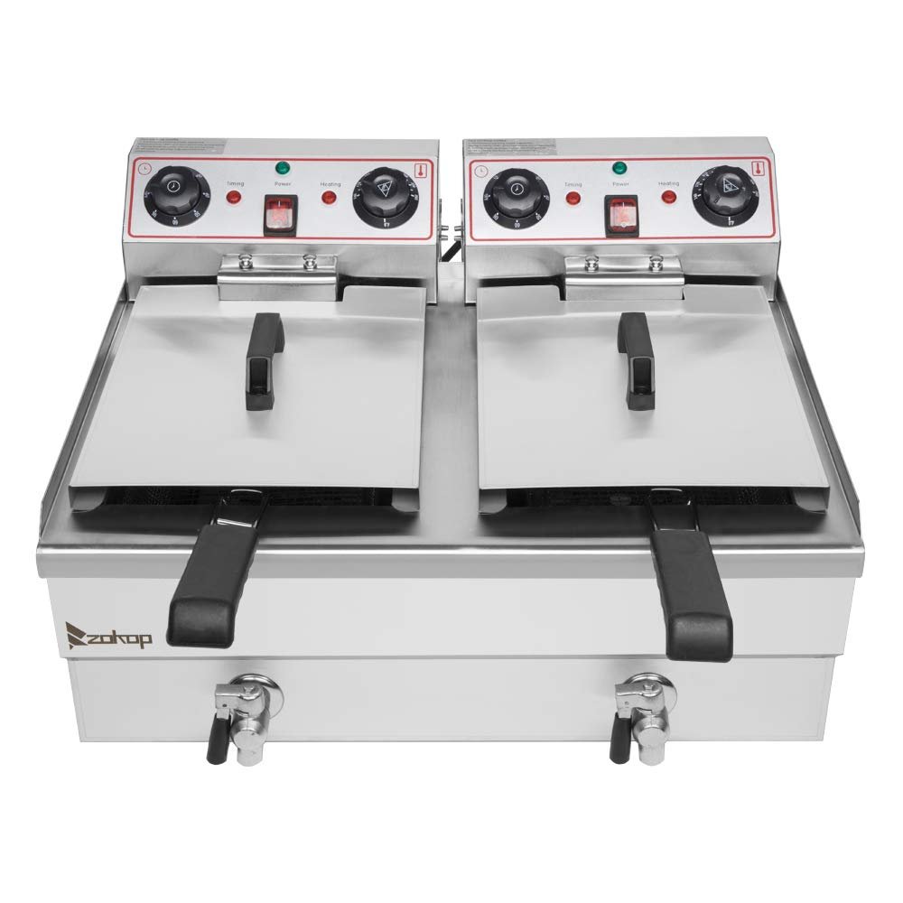 EH102V 16.9QT / 16L Total Capacity 24.9QT/23.6L Stainless Steel Faucet Double Tank Deep Fryer 3400W MAX (8L 8L Big Blue/Large Handle)