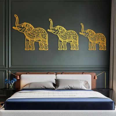 Elephant Metal Wall Art Set of 3,Elephant Metal Wall Art, Mandala Metal Wall Decor, Lucky Elephant Family Metal Art Design, Home Wall Decoration (L (Set of 3), Gold)