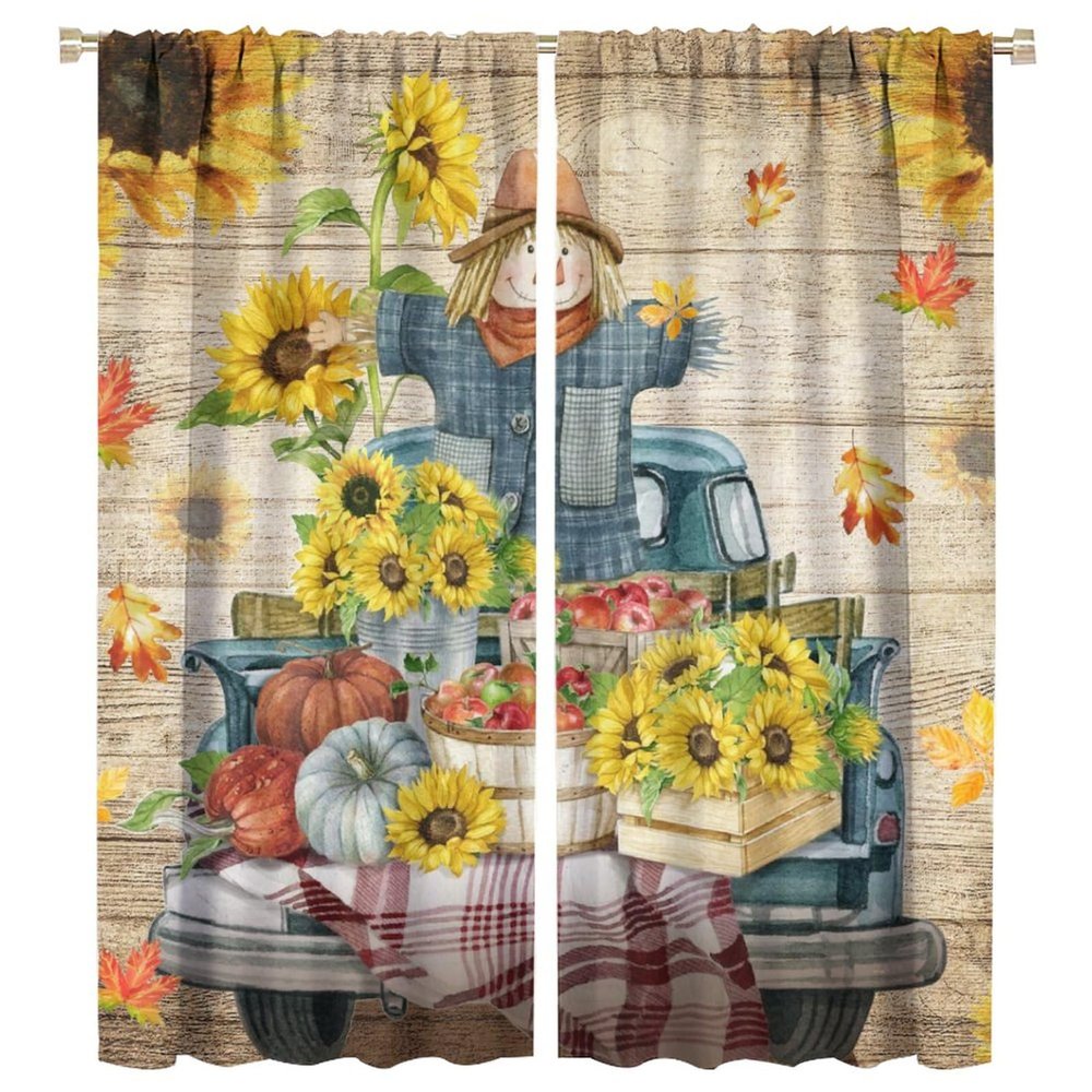Retro Wooden Board Scarecrow Curtains - Rustic Vintage Fall Truck Sunflower Pumpkin Maple Leaves Window Drapes Blackout Curtains Thermal Insulated Rod Pocket Curtains 2 Panels 63" L x 27.5" W