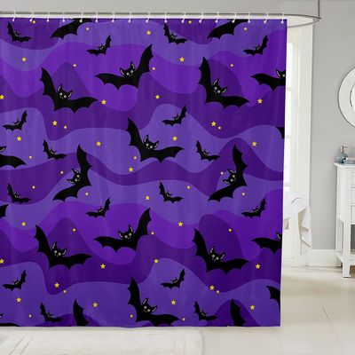 Cartoon Bats Kids Shower Curtains,Happy Halloween Holiday Starry Sky Bathroom Curtains for Boys Girls Adults,Geometric Stripes Chic Black Purple Waterproof Curtains,12 Hooks Suits,72" W x 72" L