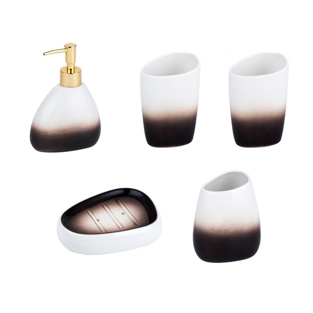 AOPPLSOT Soap Dispenser Set Green, 5-Piece Bathroom Set, Includes Ceramic Soap Dispenser, Soap Dish and 2 Toothbrush Cups, Toothbrush Holder, Golden Marble Pattern,B Brown