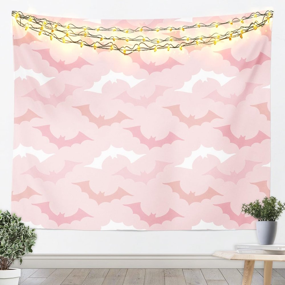 Happy Halloween Theme Kids Tapestry,Cartoon Bats Silhouettes Wall Tapestries,Boys Girls Adults Room Decor,Gothic Bats Cute Wall Hanging,Pink Romantic Home Wall Decor,Medium 59.1 x 59.1 Inches