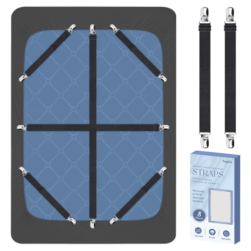 Sopito Sheet Straps, Adjustable Elastic Bed Sheet Holder, 8pcs Black