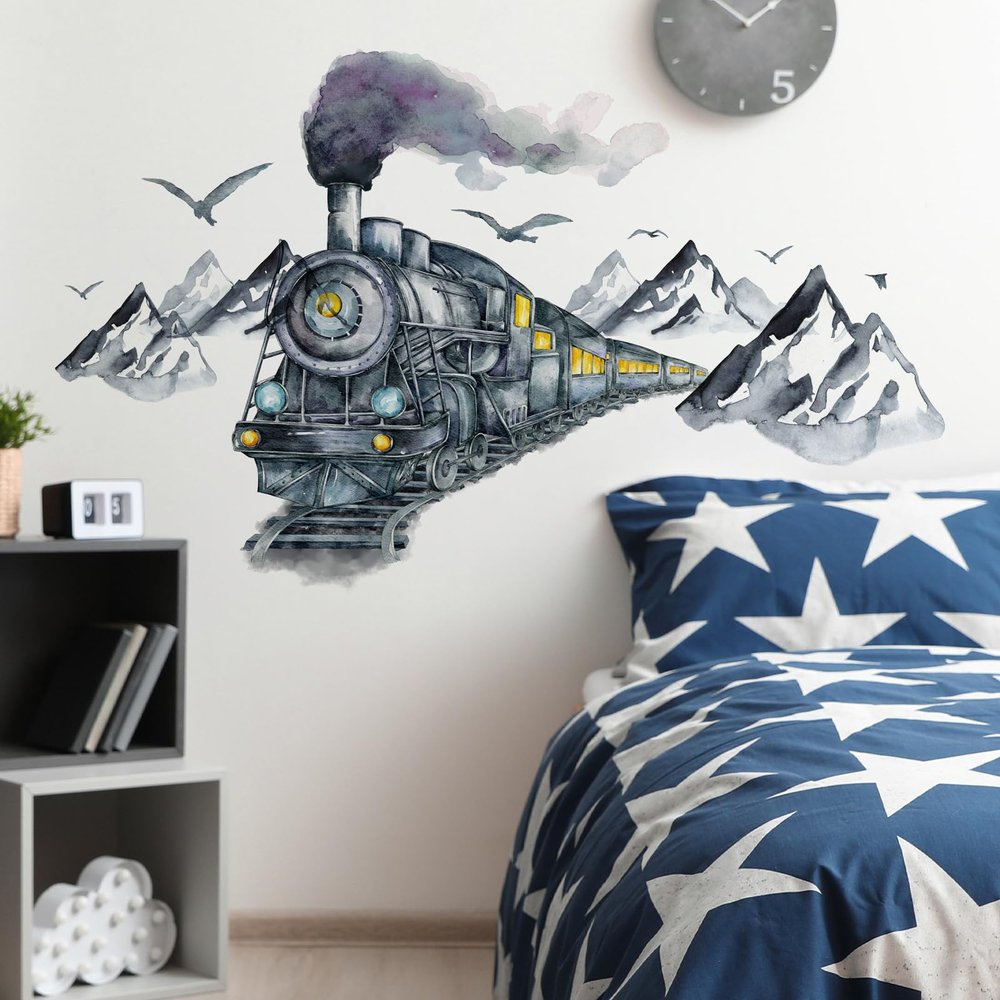 Ink Train Car Wall Stickers, 3D Wall Decals, Self Adhesive Removable, Art Decal Mural Wallpaper Decor, Kids Boy Room Bedroom Playroom (Ink Train)