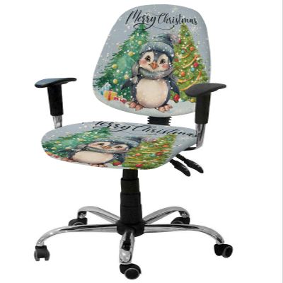 AMZRicher Christmas Office Chair Cover Stretchable Computer Chair Seat Cover Backrest Slipcovers, Stretchable Rotating Desk Chair Seat Cushion Split Protectors Vintage Rustic Blue Penguin Pine Tree