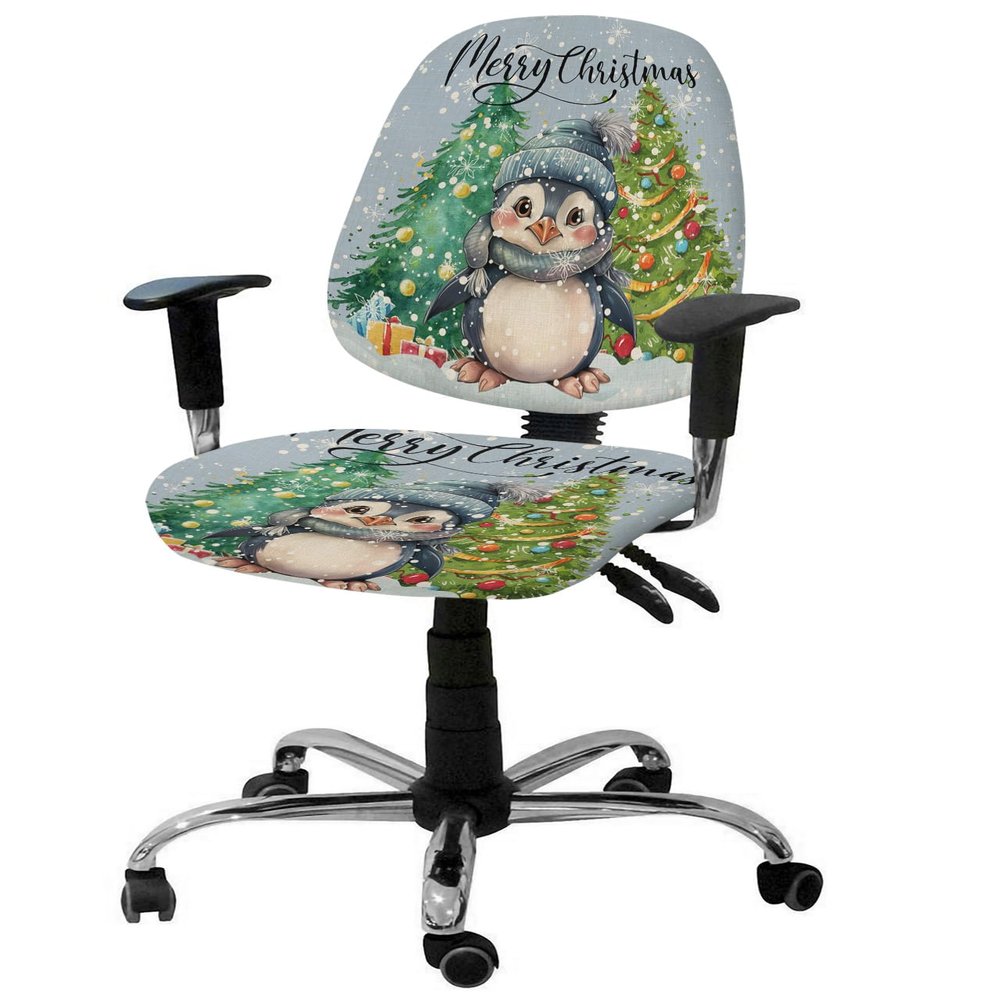 AMZRicher Christmas Office Chair Cover Stretchable Computer Chair Seat Cover Backrest Slipcovers, Stretchable Rotating Desk Chair Seat Cushion Split Protectors Vintage Rustic Blue Penguin Pine Tree