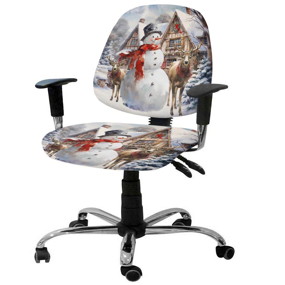 AMZRicher Christmas Office Chair Cover Stretchable Computer Chair Seat Cover Backrest Slipcovers, Stretchable Rotating Desk Chair Seat Cushion Split Protectors Farmhouse Elk Snowman Snowy Deer