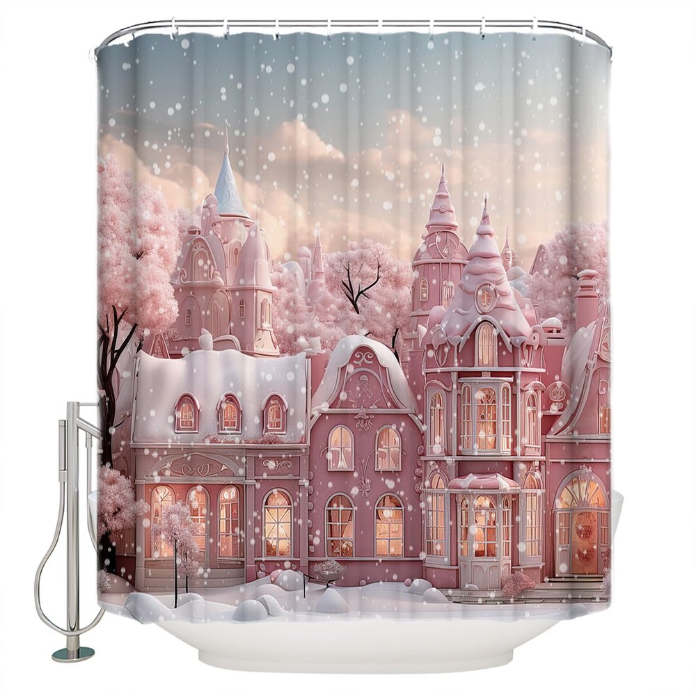 Christmas Shower Curtain for Bathroom 72" x 78" Pink Christmas Castle Snowflake Seasonal Winter Shower Curtain with Hooks Polyester Waterproof Home Bathtub Decor