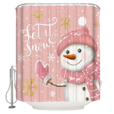 Christmas Shower Curtain for Bathroom 72" x 78" Pink Christmas Snowman Snowflake Winter Xmas Shower Curtain with Hooks Polyester Waterproof Home Bathtub Decor