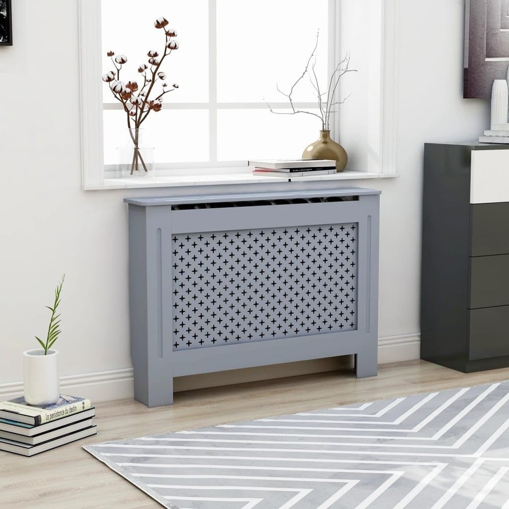 loibinfen Anthracite Radiator Cover Heating Cabinet Shelf, MDF Heating Cover Cabinet, Home and Office Heater Heating Side Stand Radiator Cover Cabinet Shelf, Cross Design, 44.1"x7.5"x32.1" -AA
