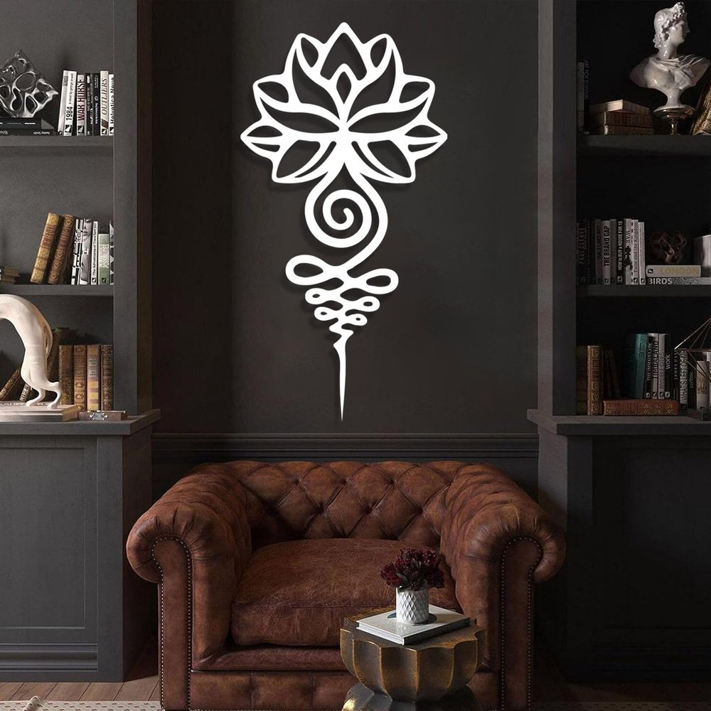 Cadeali Metal Lotus Flower Wall Art, Lotus Unalome Metal Wall Decor, Buddhist Decor, Unalome Wall Art, Zen Meditation Sign, Spiritual Artwork for Living Room, Yoga Studio (19"x35" | 47x90cm, White)