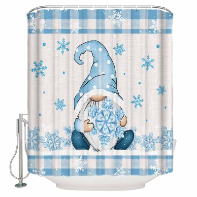 Christmas Shower Curtain for Bathroom 48" x 72" Winter Gnome Snowflake Blue White Plaid Shower Curtain with Hooks Polyester Waterproof Home Bathtub Decor