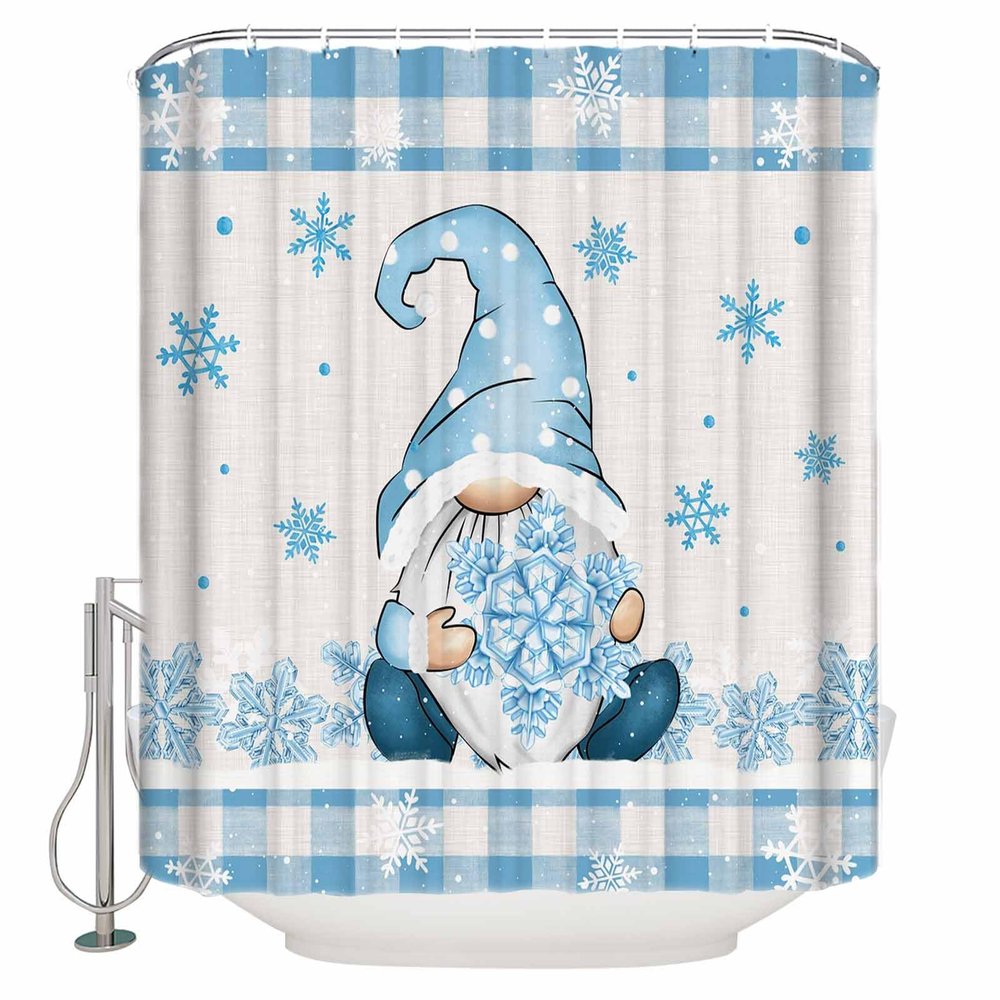 Christmas Shower Curtain for Bathroom 48" x 72" Winter Gnome Snowflake Blue White Plaid Shower Curtain with Hooks Polyester Waterproof Home Bathtub Decor