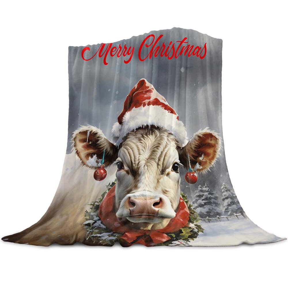 Christmas Super Soft Cozy Flannel Fleece Blanket- Xmas Animal Cow Wear Red Hat Farmhouse Blanket for Bed Couch Sofa Chair Travel, 60 x 80 Inche