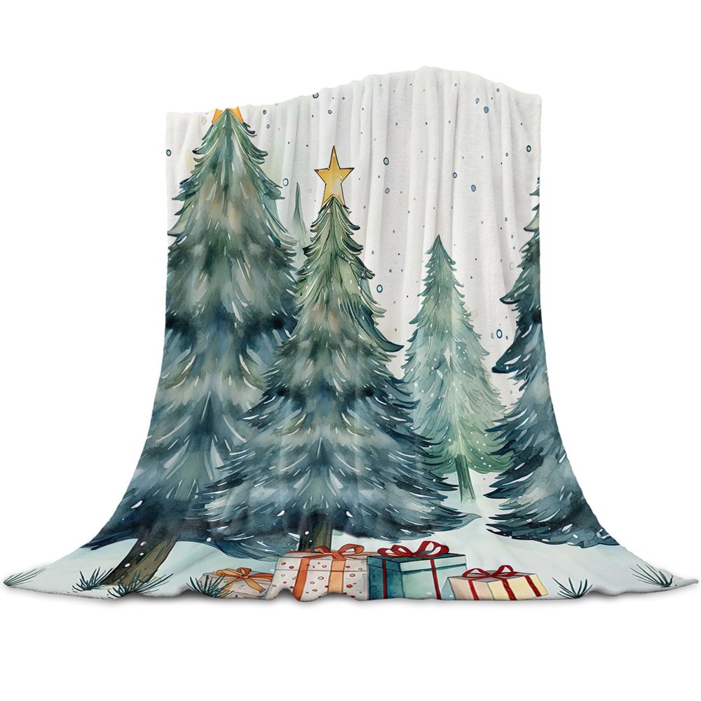 Christmas Super Soft Cozy Flannel Fleece Blanket- Green Xmas Tree and Gift Blanket for Bed Couch Sofa Chair Travel, 40 x 50 Inche