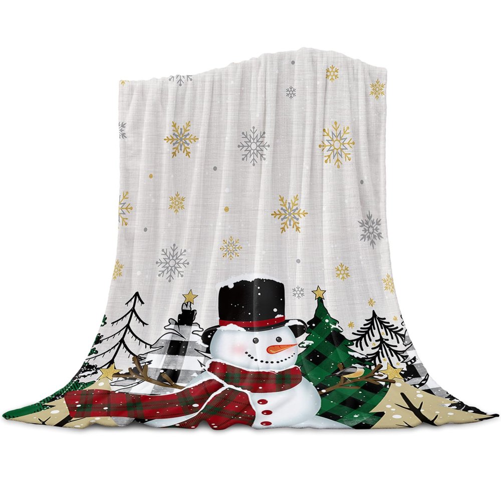 Christmas Super Soft Cozy Flannel Fleece Blanket- Buffalo Xmas Tree Snowman Golden Snowflake Blanket for Bed Couch Sofa Chair Travel, 50 x 80 Inche