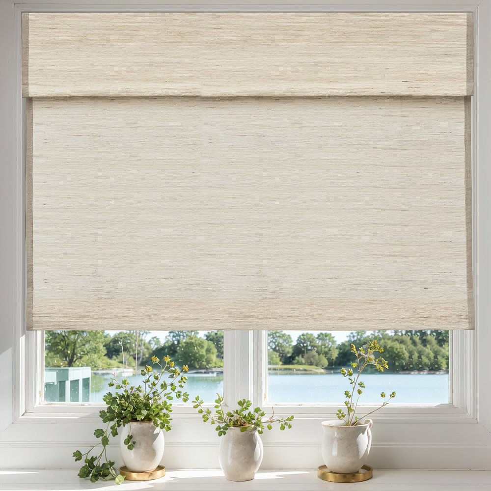Moonice Cordless Roman Shades for Window Blackout, Natural Woven Fabric Privacy Room Darkening Blinds, Thermal Insulated Window Blind Treatment for Bedroom Living Room, Beige