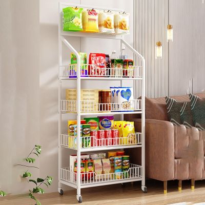 4 Layer Snack Shelf Organizer, Rolling Fruit Vegetable Display Rack for Supermarket with Wheels and Hooks, for Kitchen Retail Grocery Stores and Farmers Markets, White Black Storage Cart (Color : Whi