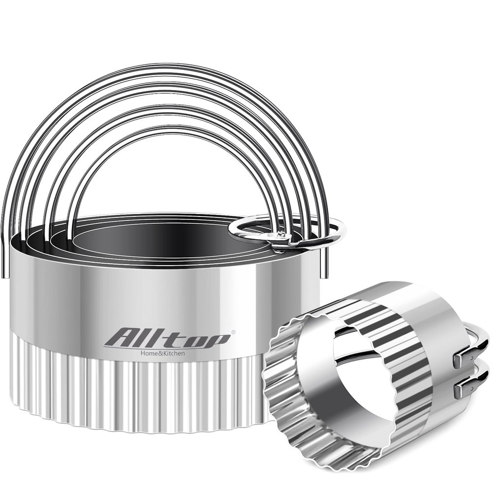 ALLTOP 5 Piece Round Biscuit Cutters with Handle, Stainless Steel Circle Cookie Cutter with Fluted Edge, Professional Baking Essential Tool for Pastry,Scone,Donut