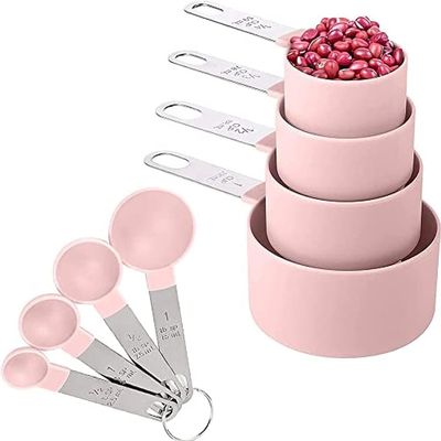 Ameurey Measuring Cups and Spoons Set, 8Pcs Measuring Spoons Sets Measuring Cups and Spoons Kit, with Stainless Steel Handles Pink