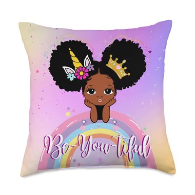 Afro Girl Unicorn, Black Girl Unicorn Room Decor for Girls Throw Pillow