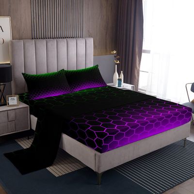 Honeycomb Sheet Set Queen Size, Grenn Purple Ombre Bed Sheets Set Beehive Hexagon Sheets with Deep Pocket Fitted Sheet Kids Toddler Geometric Honeycomb Bedding Set 4Pcs