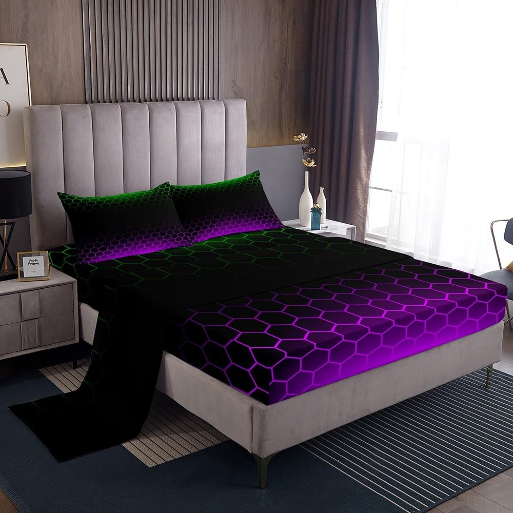 Honeycomb Sheet Set Queen Size, Grenn Purple Ombre Bed Sheets Set Beehive Hexagon Sheets with Deep Pocket Fitted Sheet Kids Toddler Geometric Honeycomb Bedding Set 4Pcs